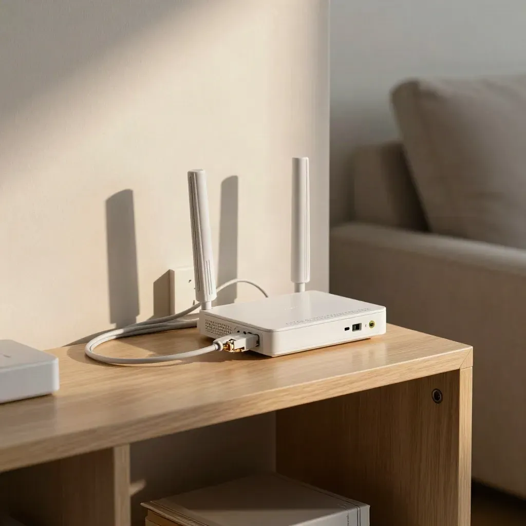 Modem fibra bianco e cavi ordinati su mensola chiara in salotto, luce del mattino.