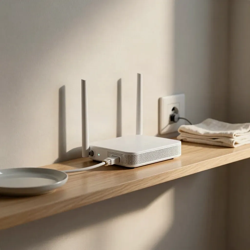 Router e nodo mesh in un ingresso moderno, luci accese su mensola di legno chiaro.