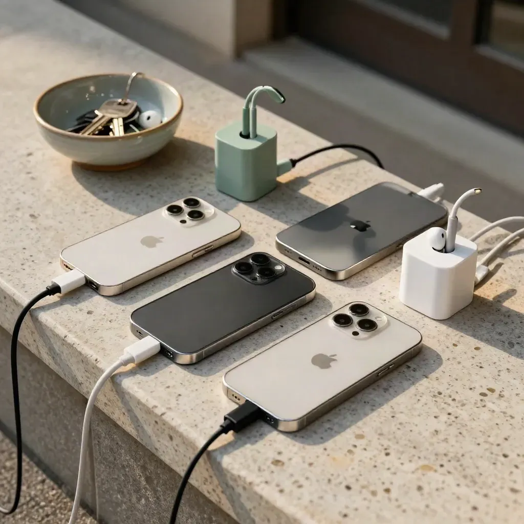 Quattro smartphone in carica su consolle d’ingresso con chiavi e auricolari in una ciotola.