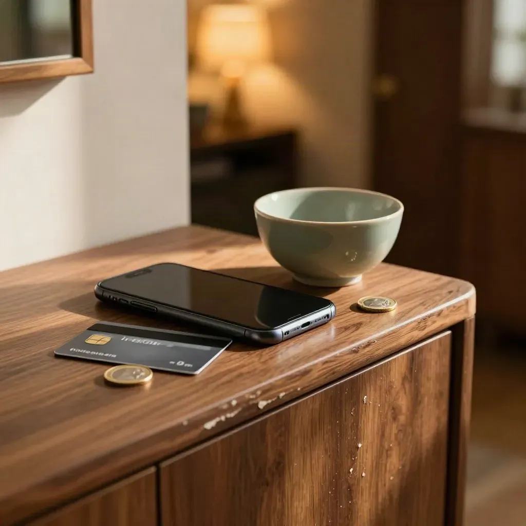 Smartphone, carta conto, moneta e ciotola in ceramica su mobile d’ingresso al tramonto.