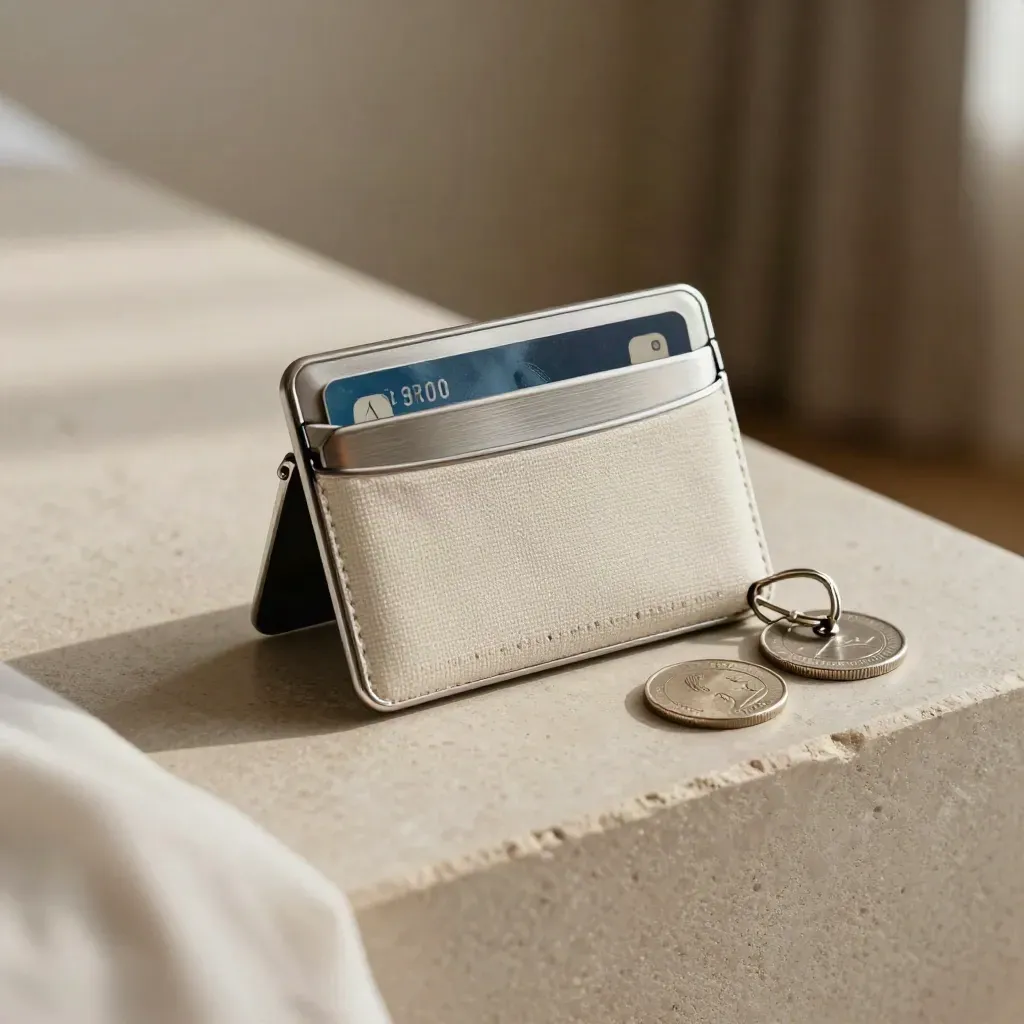 Portacarte metallico con carta sporgente, chiave hotel e moneta su tessuto da viaggio.