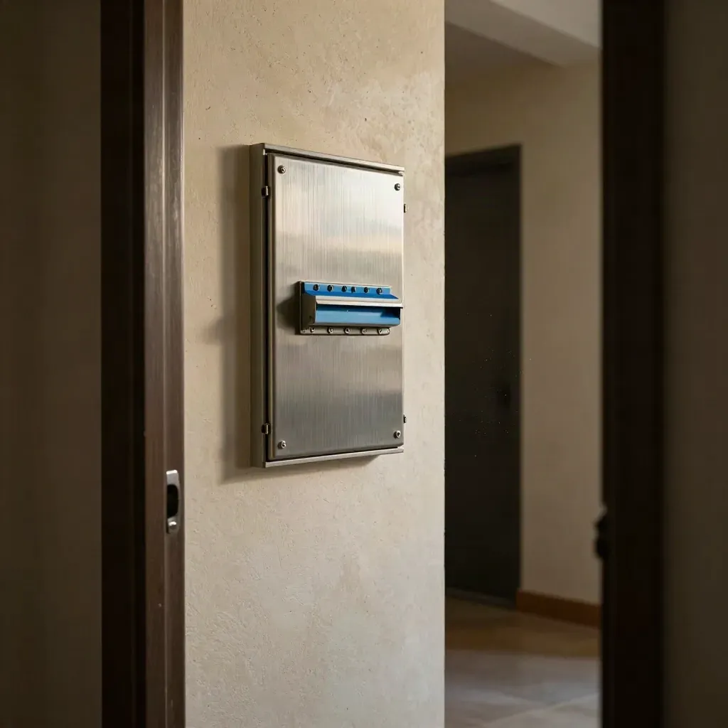 Quadro elettrico domestico in corridoio, con luce radente e ombre profonde.
