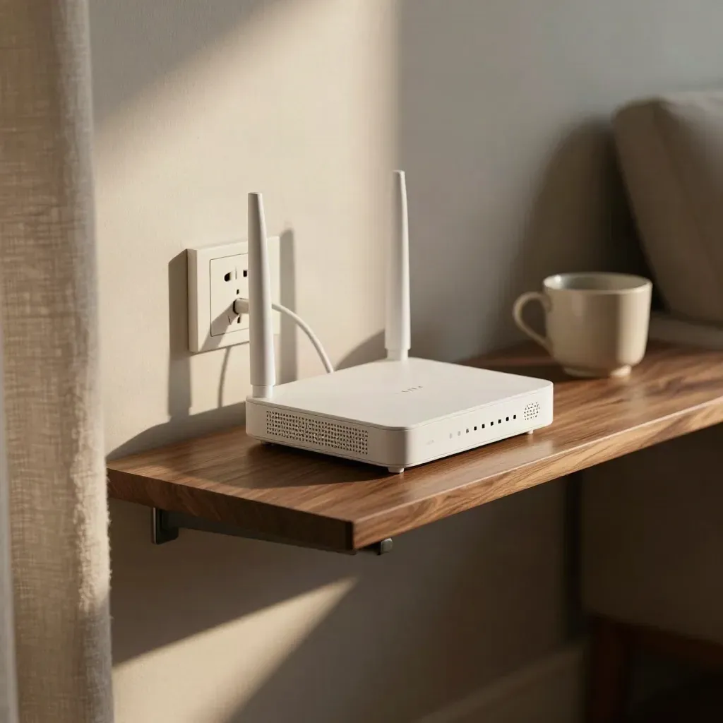 Modem fibra bianco su mensola di soggiorno, luce morbida e tazza sfocata sullo sfondo