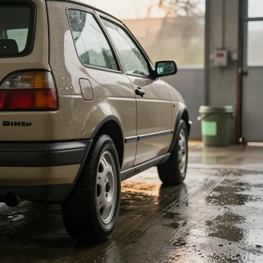 Auto compatta bagnata in garage, una goccia sul cofano e pavimento lucido dopo la pioggia.