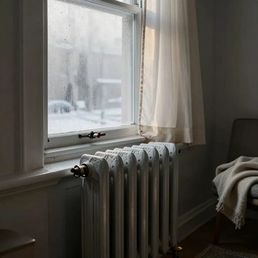 Radiatore in ghisa sotto finestra appannata con tenda chiara e muro freddo d’inverno.
