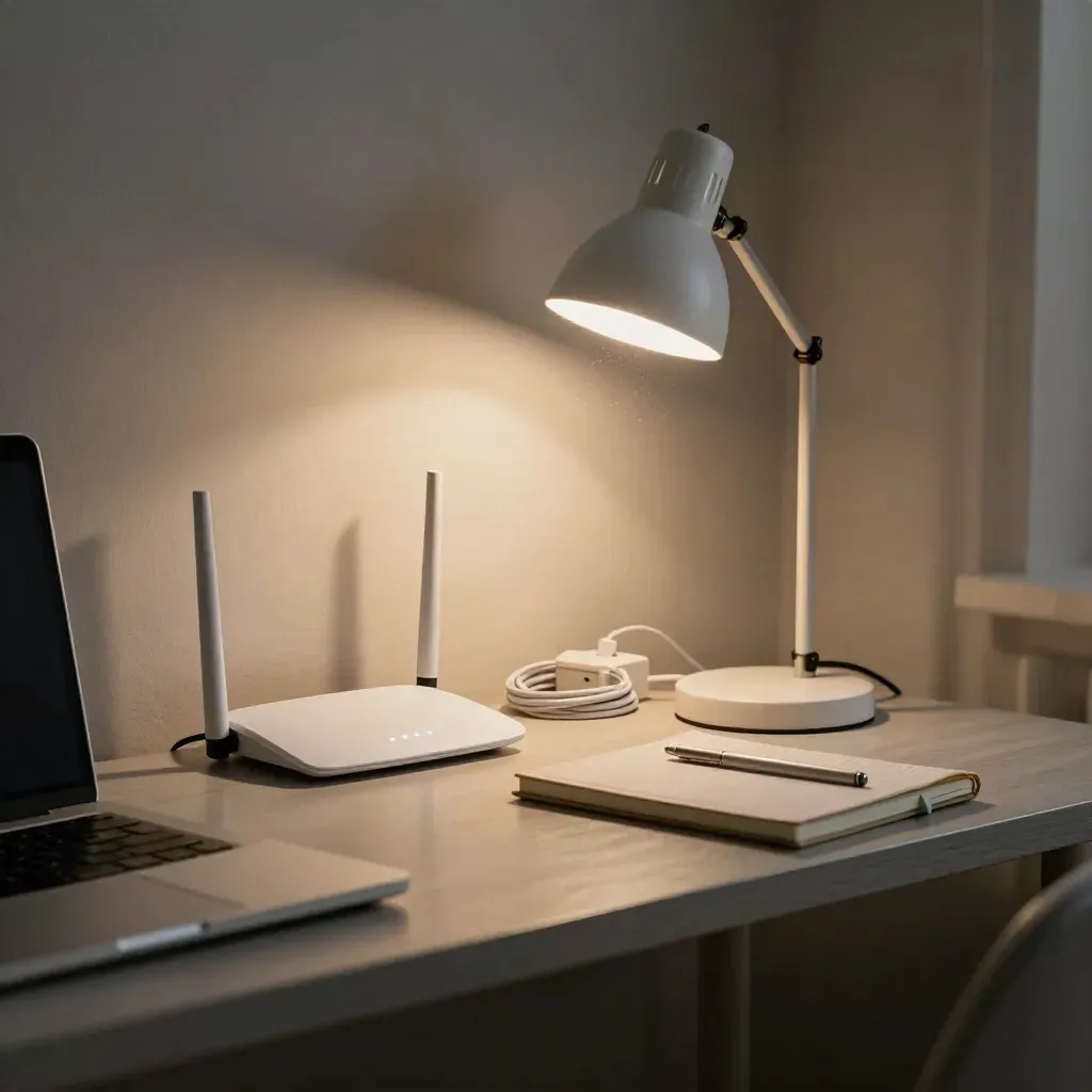 Angolo studio condiviso con router acceso, laptop chiuso e lampada in luce serale.