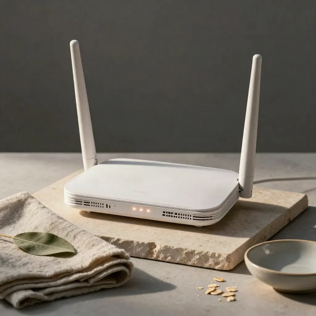 Router Wi‑Fi bianco su vassoio di pietra con lino e foglia verde.
