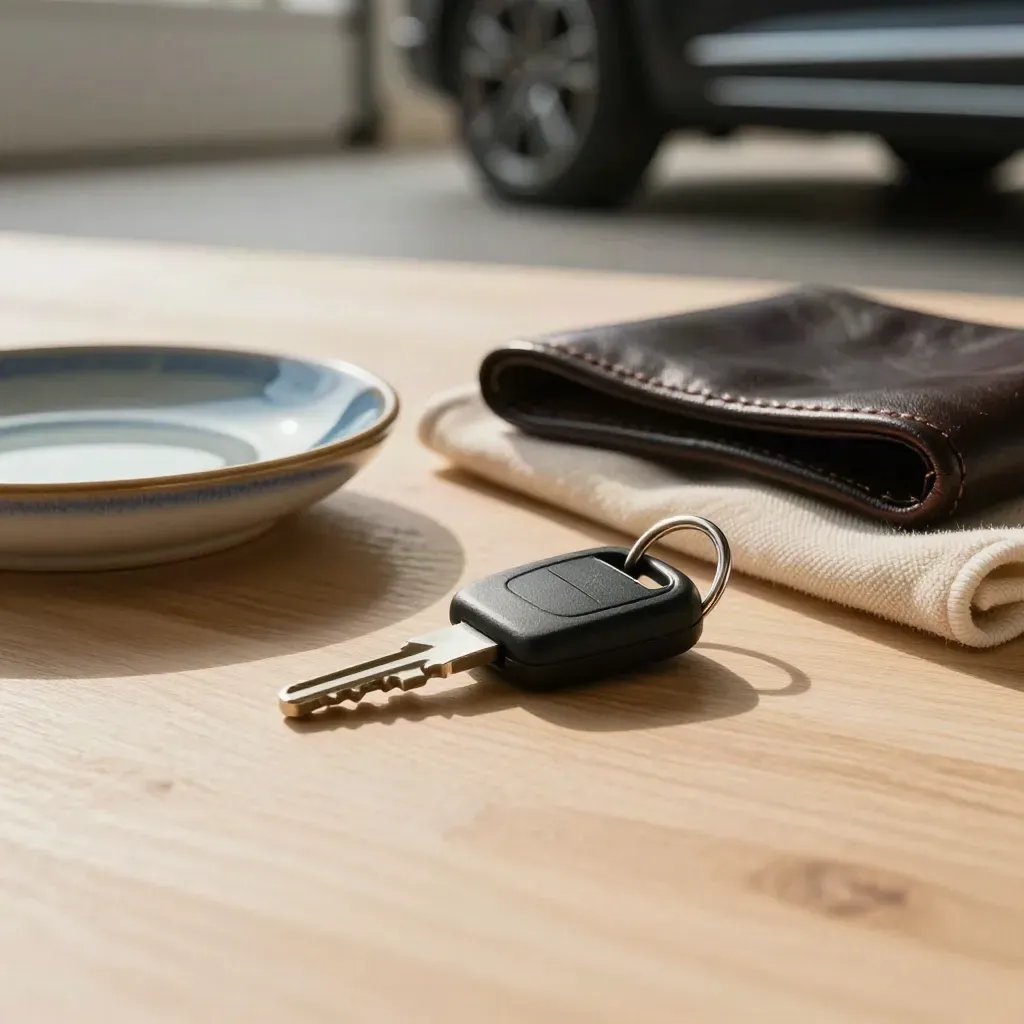 Chiave auto nera, piattino blu e panno piegato su legno chiaro, luce radente.